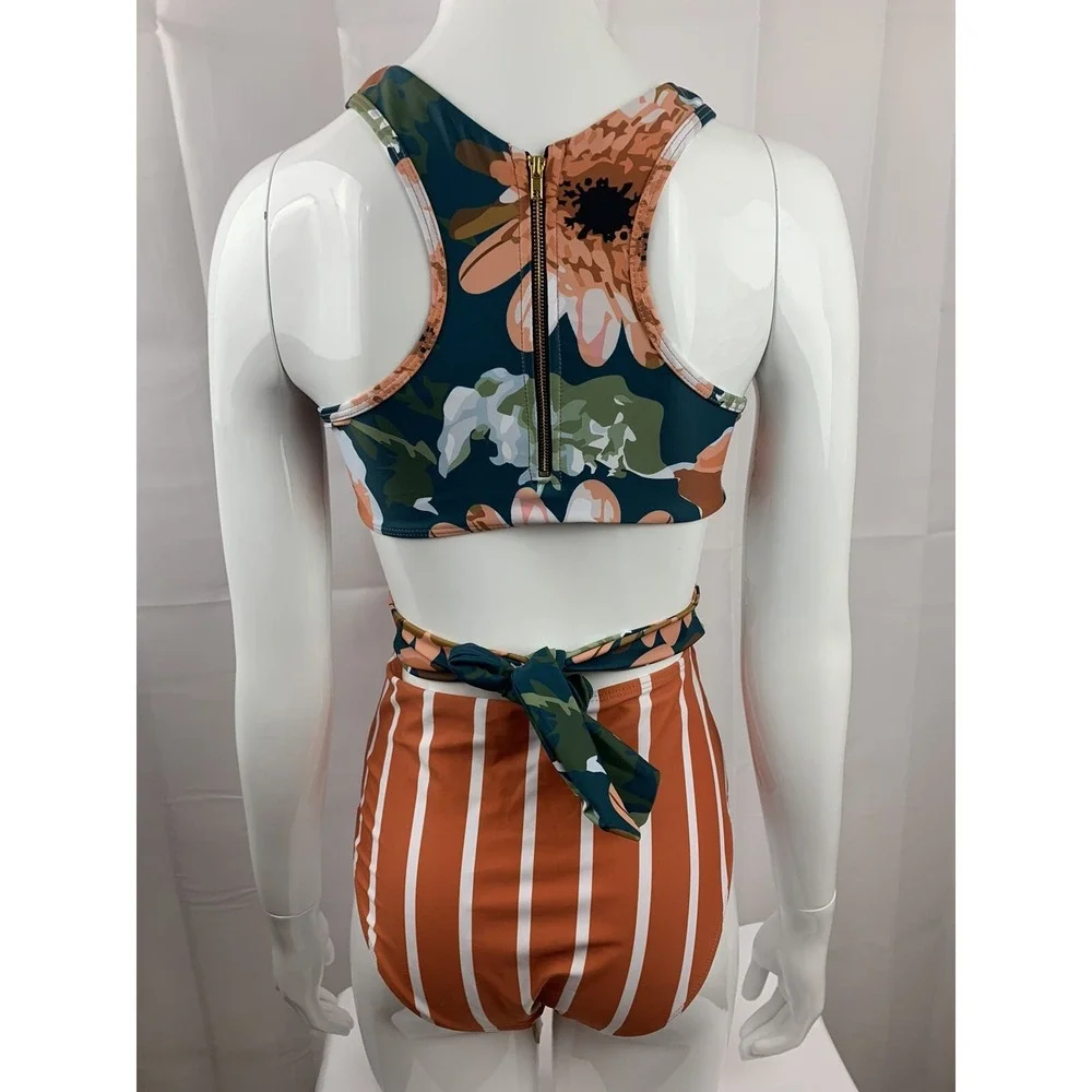 Almarea Women's Top Size Small Floral High Neck Zip Tie Back Orange - Picture 4 of 12